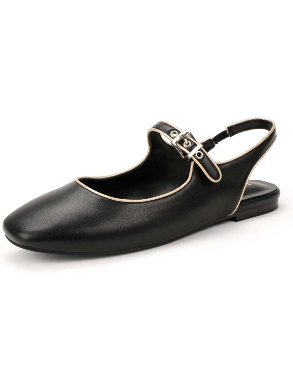 IDIFU Women's  Black Pu Closed Toe Adjustable Metal Buckle Slingback Ballet Flat